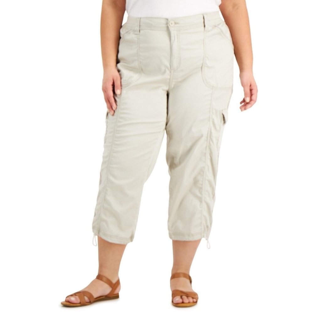 Style & Co Plus Size Bungee-Hem Capri Pants 24 W 6 Pockets NWT Stonewall Beigh